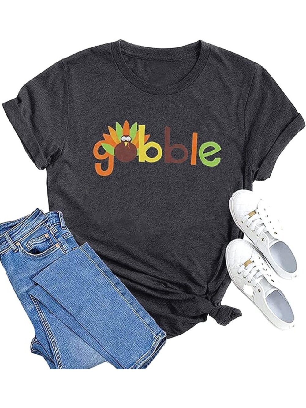 🆕 Women's Dark Grey Gobble Turkey Thanksgiving Graphic Tee Short Sleeve Shirt